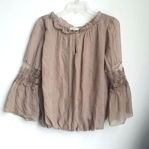 Tan lace silk peasant top